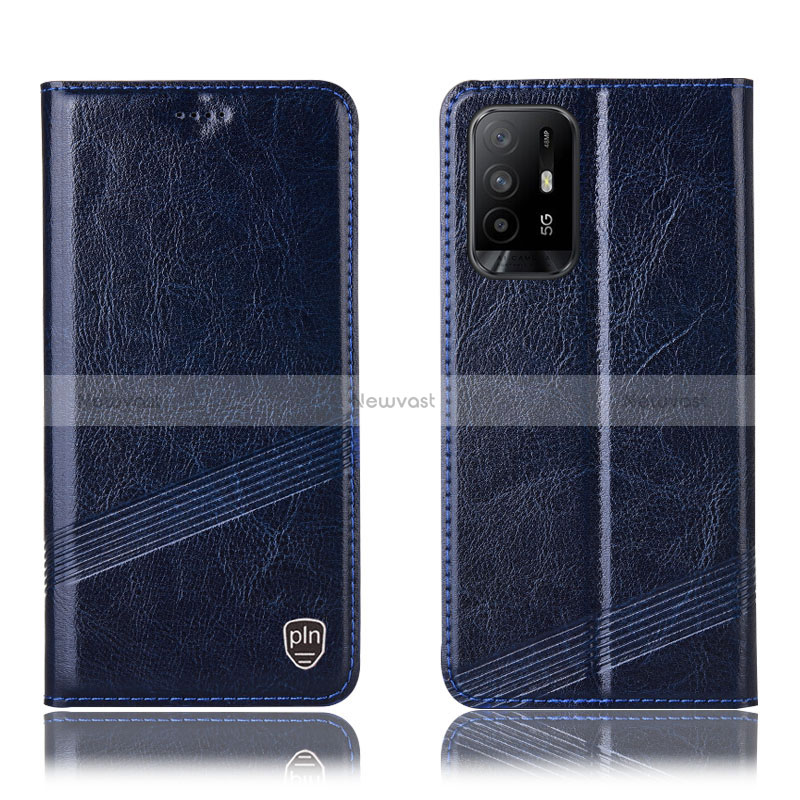 Leather Case Stands Flip Cover Holder H05P for Oppo Reno5 Z 5G Blue