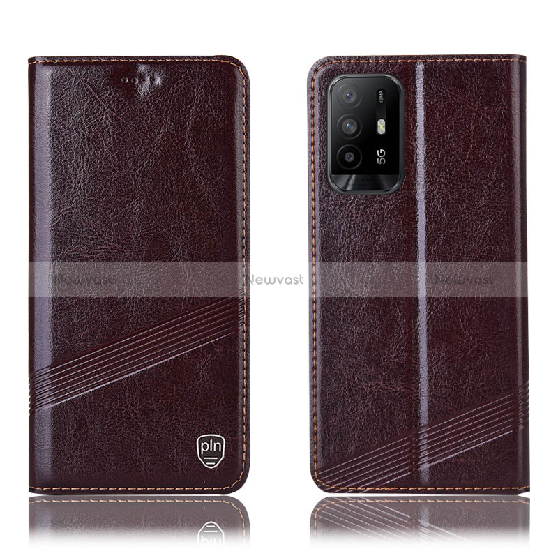 Leather Case Stands Flip Cover Holder H05P for Oppo Reno5 Z 5G Brown