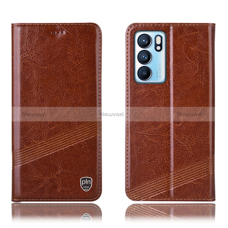 Leather Case Stands Flip Cover Holder H05P for Oppo Reno6 5G Light Brown