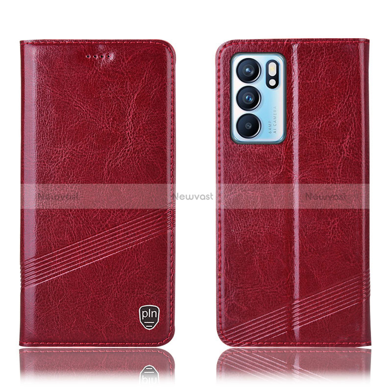 Leather Case Stands Flip Cover Holder H05P for Oppo Reno6 5G Red