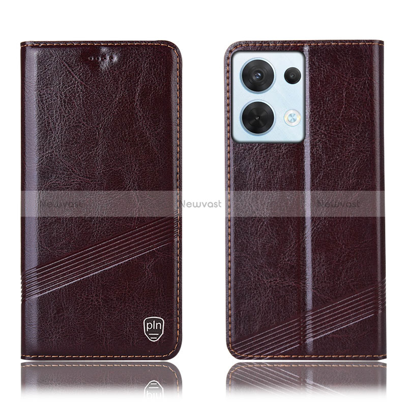 Leather Case Stands Flip Cover Holder H05P for Oppo Reno8 5G Brown