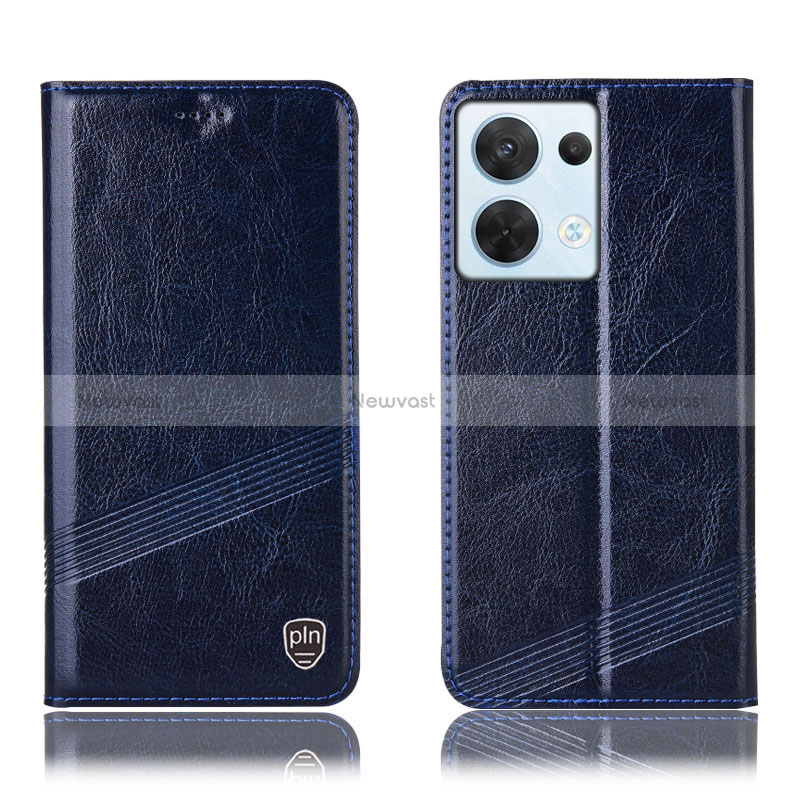 Leather Case Stands Flip Cover Holder H05P for Oppo Reno9 5G Blue