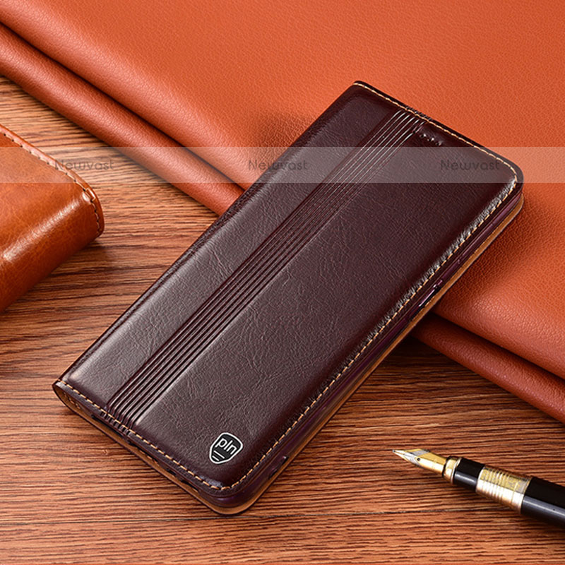 Leather Case Stands Flip Cover Holder H05P for Samsung Galaxy A12 Brown