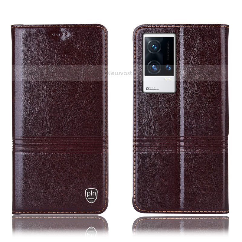 Leather Case Stands Flip Cover Holder H05P for Vivo iQOO 8 Pro 5G Brown