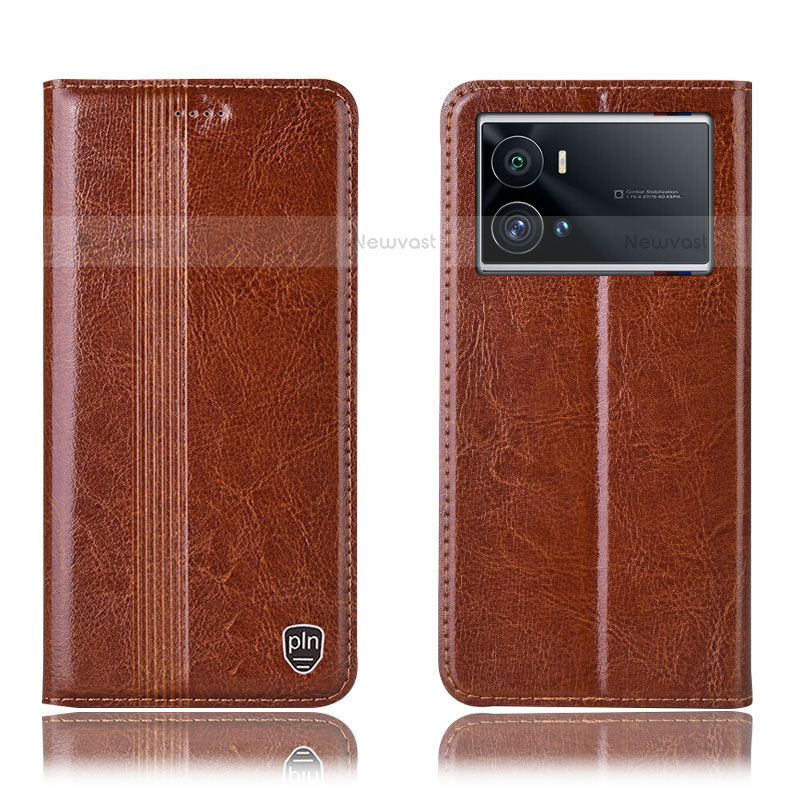 Leather Case Stands Flip Cover Holder H05P for Vivo iQOO 9 5G Light Brown