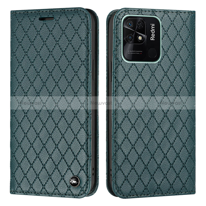 Leather Case Stands Flip Cover Holder H05X for Xiaomi Redmi 10 India Green