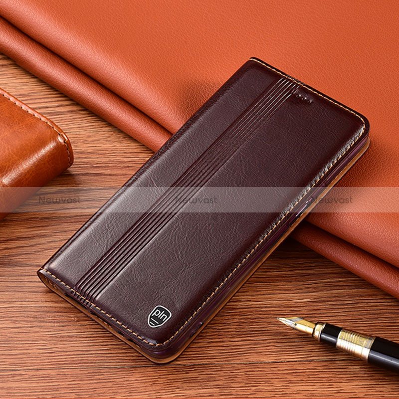 Leather Case Stands Flip Cover Holder H06P for Motorola Moto Edge (2023) 5G Brown