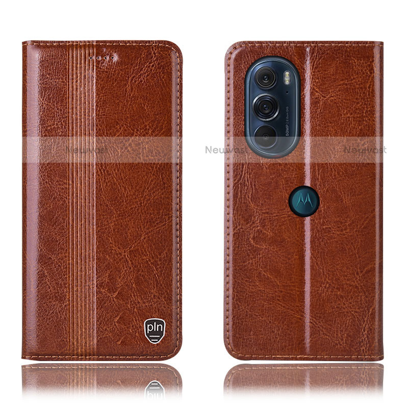 Leather Case Stands Flip Cover Holder H06P for Motorola Moto Edge 30 Pro 5G Light Brown