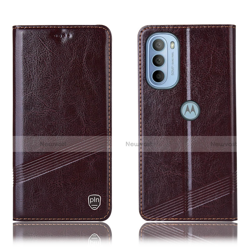 Leather Case Stands Flip Cover Holder H06P for Motorola Moto G41 Brown