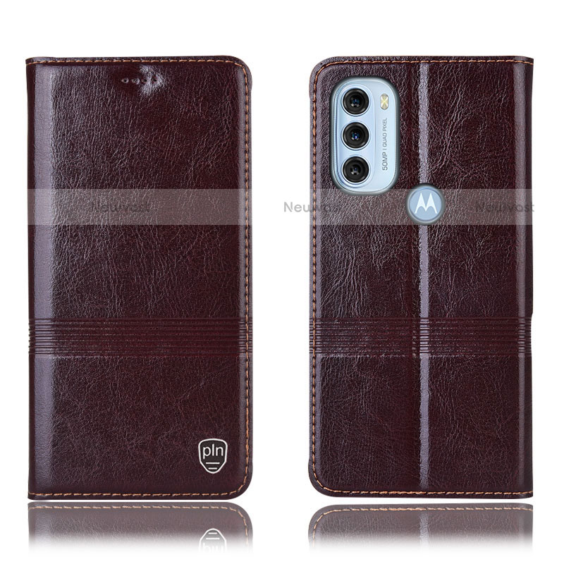 Leather Case Stands Flip Cover Holder H06P for Motorola Moto G71 5G Brown