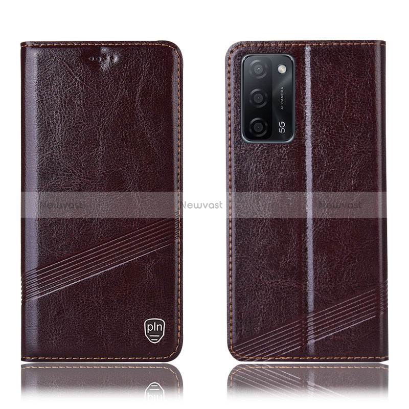 Leather Case Stands Flip Cover Holder H06P for Oppo A53s 5G Brown