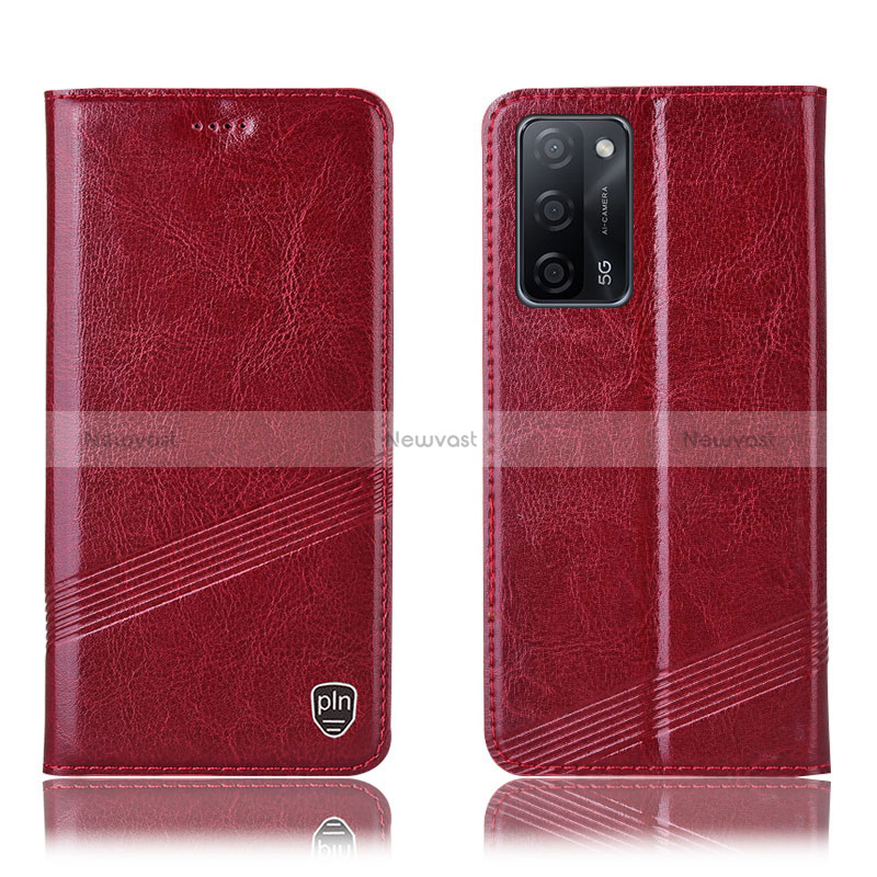 Leather Case Stands Flip Cover Holder H06P for Oppo A53s 5G Red