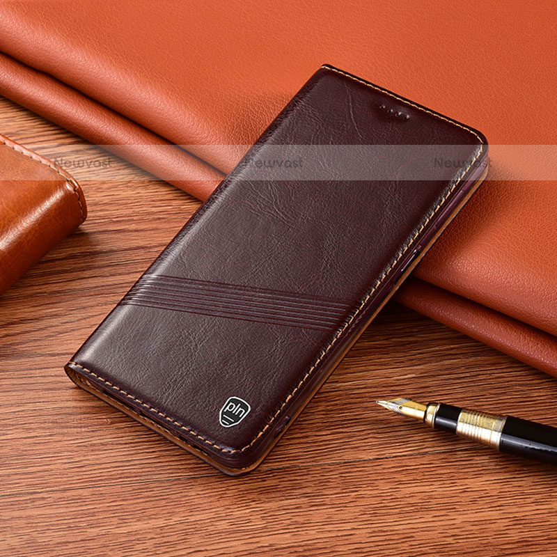Leather Case Stands Flip Cover Holder H06P for Oppo A54 4G Brown