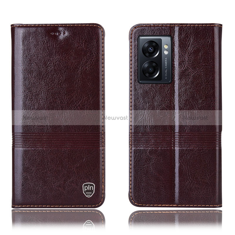 Leather Case Stands Flip Cover Holder H06P for Oppo A56S 5G Brown