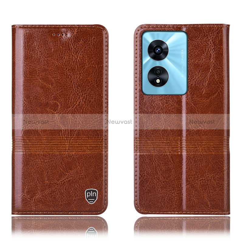 Leather Case Stands Flip Cover Holder H06P for Oppo A97 5G Light Brown