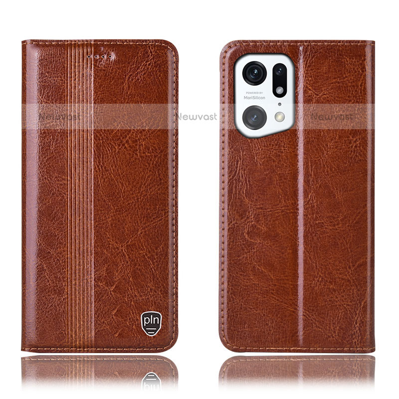 Leather Case Stands Flip Cover Holder H06P for Oppo Find X5 Pro 5G Light Brown