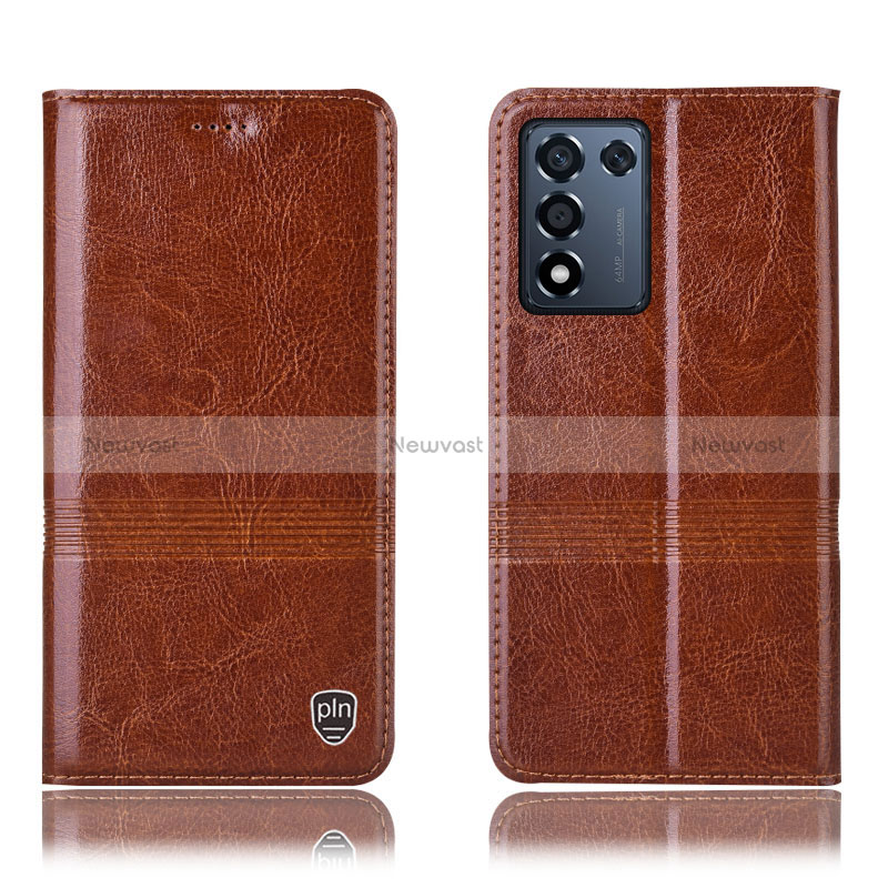 Leather Case Stands Flip Cover Holder H06P for Realme Q3s 5G Light Brown