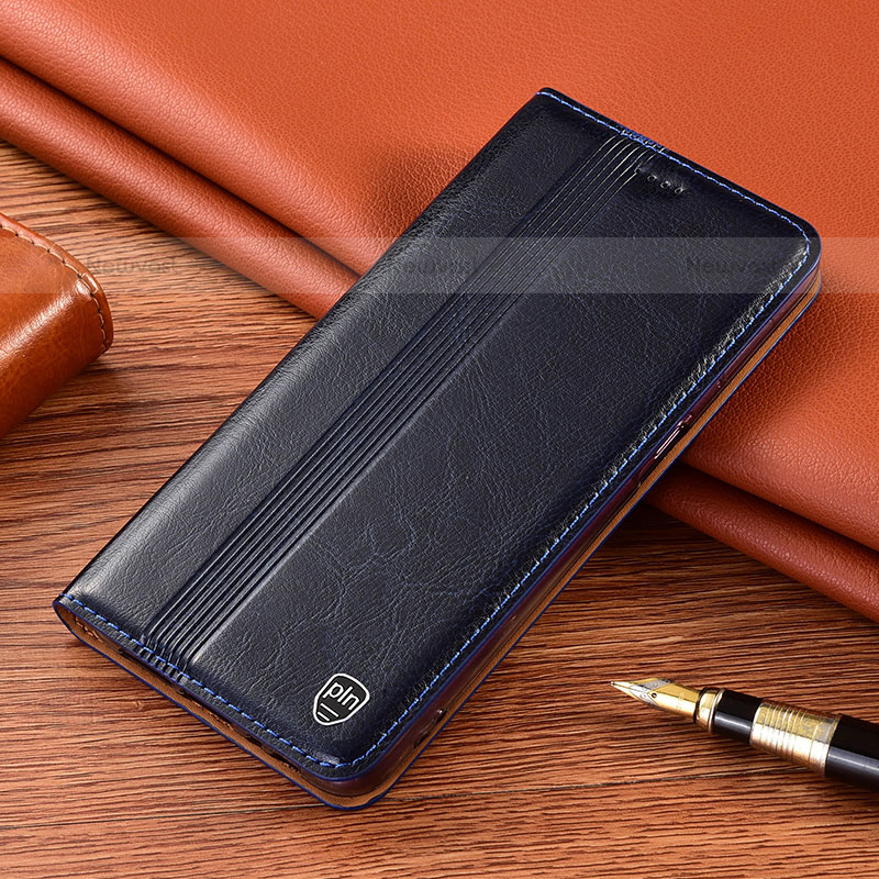 Leather Case Stands Flip Cover Holder H06P for Samsung Galaxy S22 Ultra 5G Blue