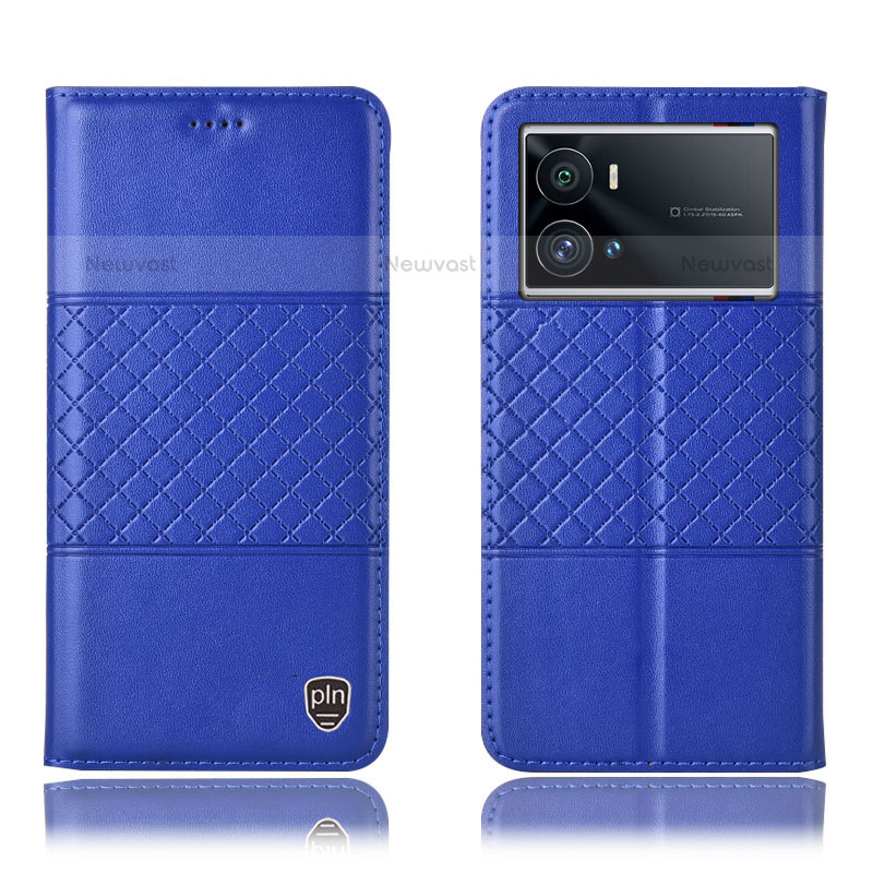 Leather Case Stands Flip Cover Holder H06P for Vivo iQOO 9 5G Blue