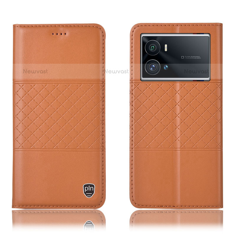 Leather Case Stands Flip Cover Holder H06P for Vivo iQOO 9 5G Orange