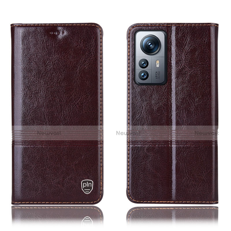 Leather Case Stands Flip Cover Holder H06P for Xiaomi Mi 12 5G Brown