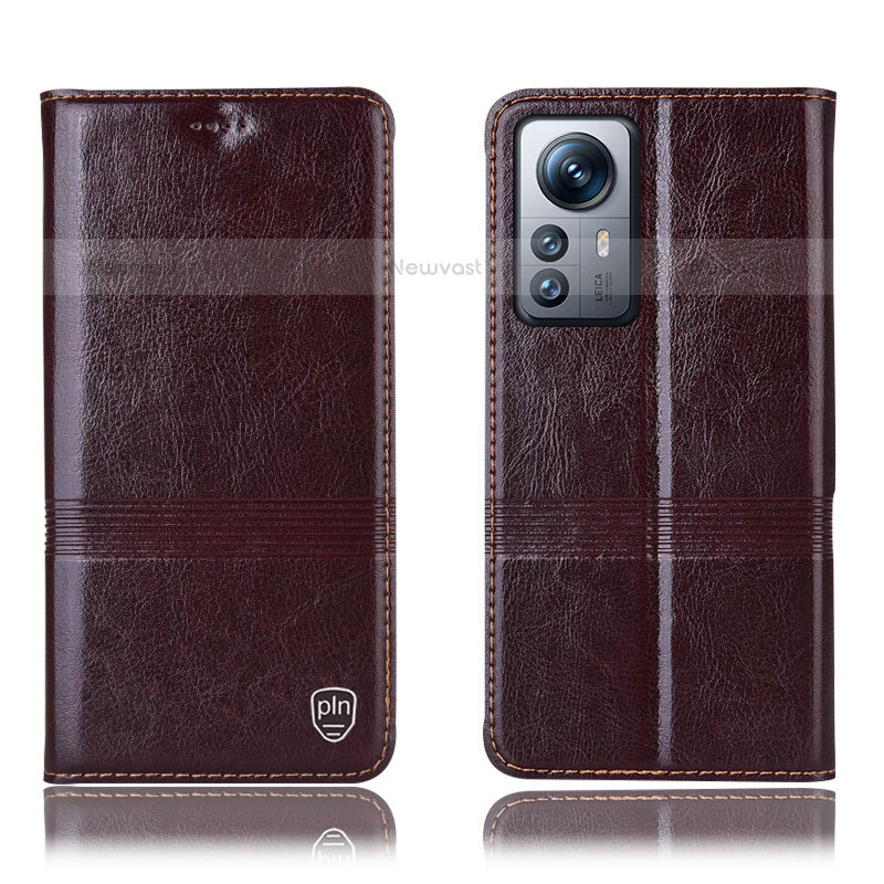 Leather Case Stands Flip Cover Holder H06P for Xiaomi Mi 12 Pro 5G Brown