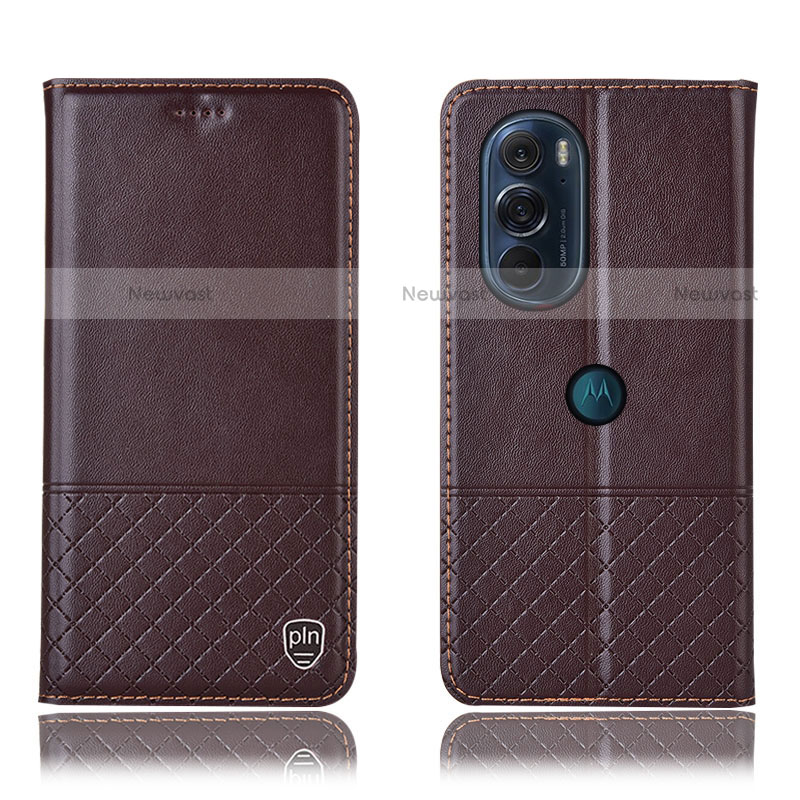 Leather Case Stands Flip Cover Holder H07P for Motorola Moto Edge 30 Pro 5G Brown