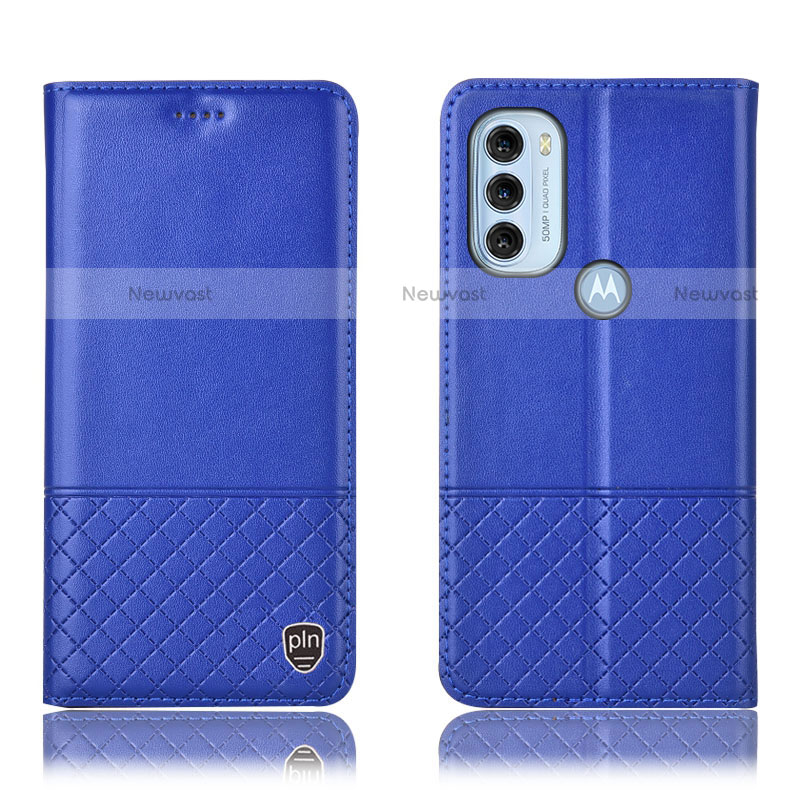 Leather Case Stands Flip Cover Holder H07P for Motorola Moto G71 5G Blue