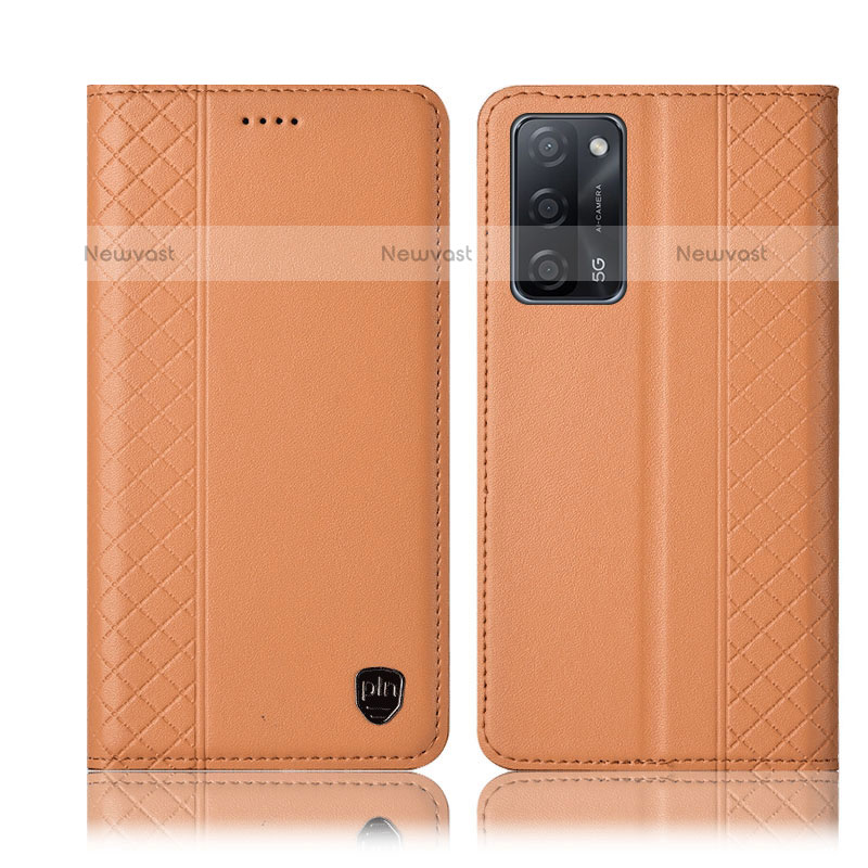 Leather Case Stands Flip Cover Holder H07P for Oppo A55 5G Orange