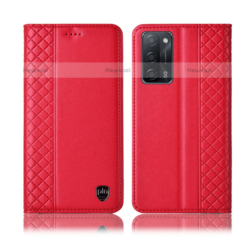 Leather Case Stands Flip Cover Holder H07P for Oppo A55 5G Red