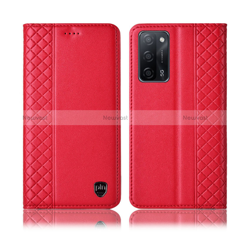 Leather Case Stands Flip Cover Holder H07P for Oppo A56 5G Red