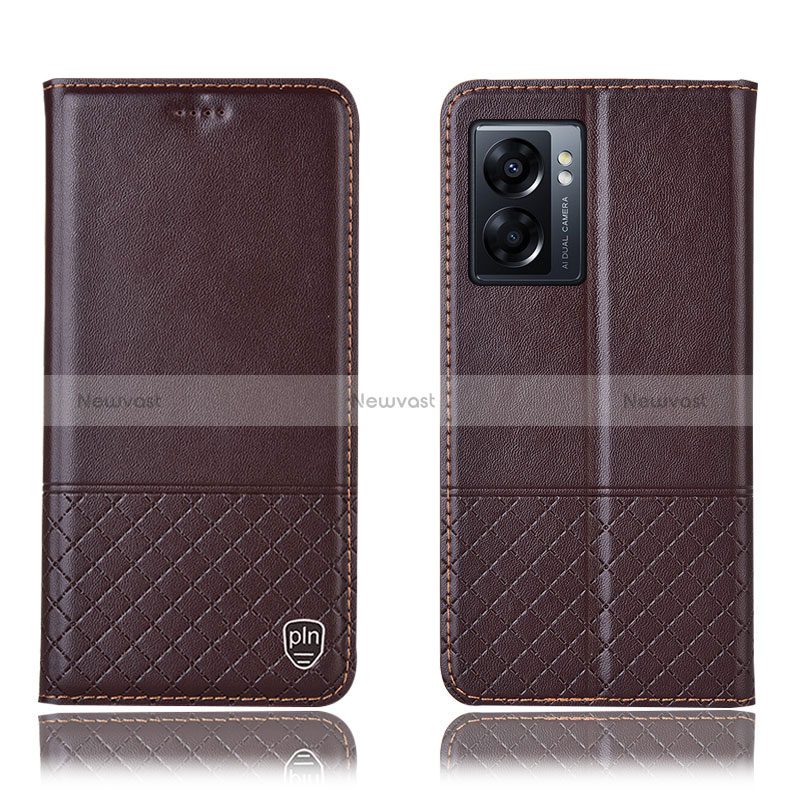 Leather Case Stands Flip Cover Holder H07P for Oppo A56S 5G Brown