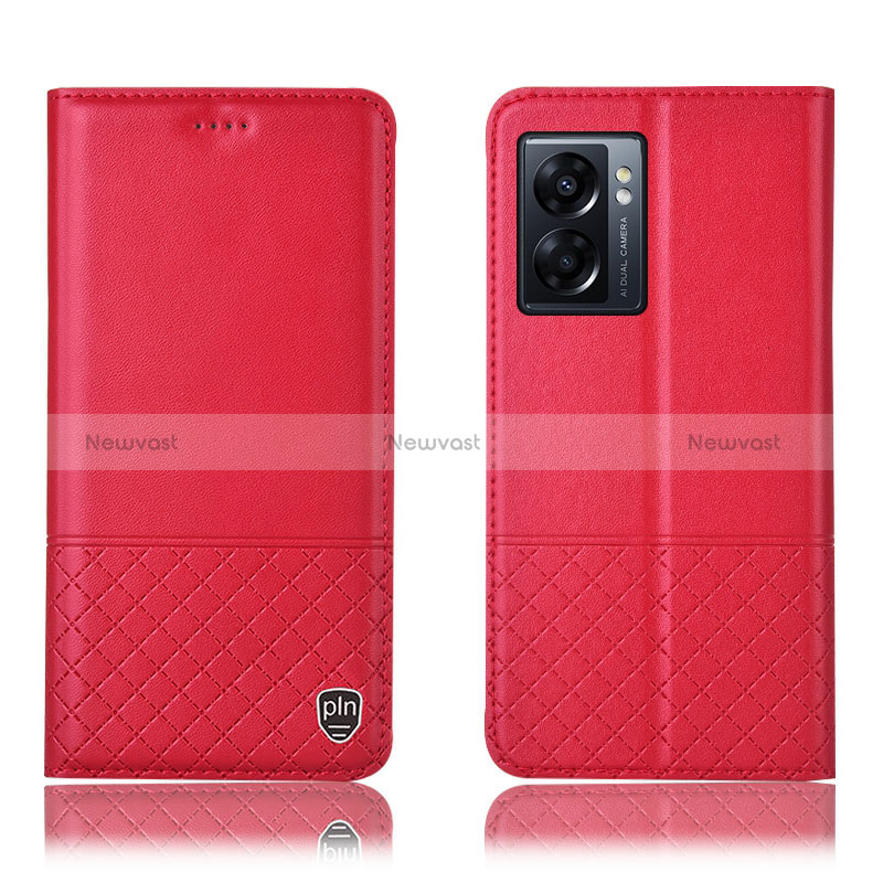 Leather Case Stands Flip Cover Holder H07P for Oppo A56S 5G Red