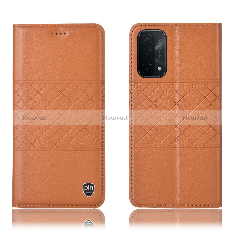 Leather Case Stands Flip Cover Holder H07P for Oppo A74 5G Orange