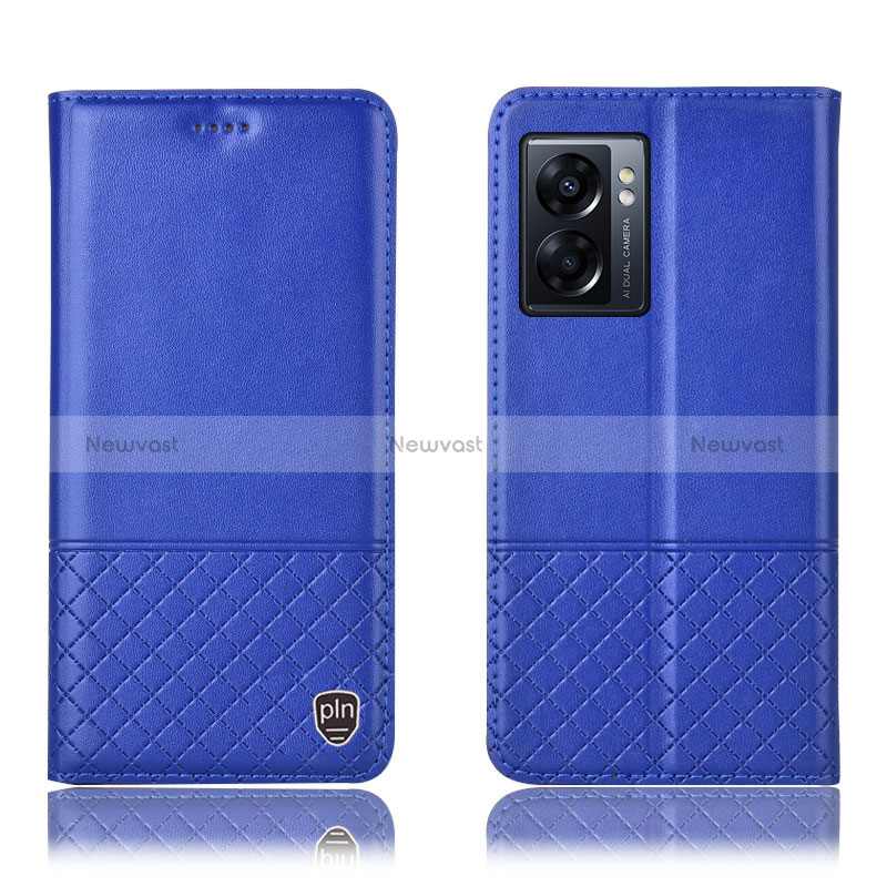 Leather Case Stands Flip Cover Holder H07P for Oppo A77 5G Blue