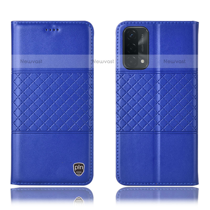 Leather Case Stands Flip Cover Holder H07P for Oppo A93 5G Blue