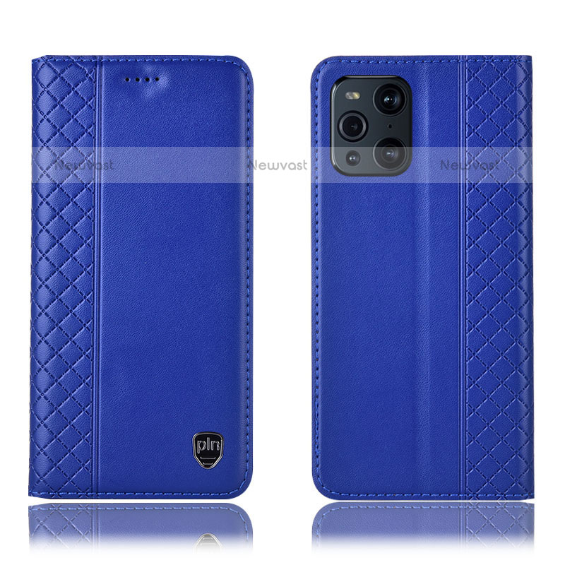 Leather Case Stands Flip Cover Holder H07P for Oppo Find X3 Pro 5G Blue