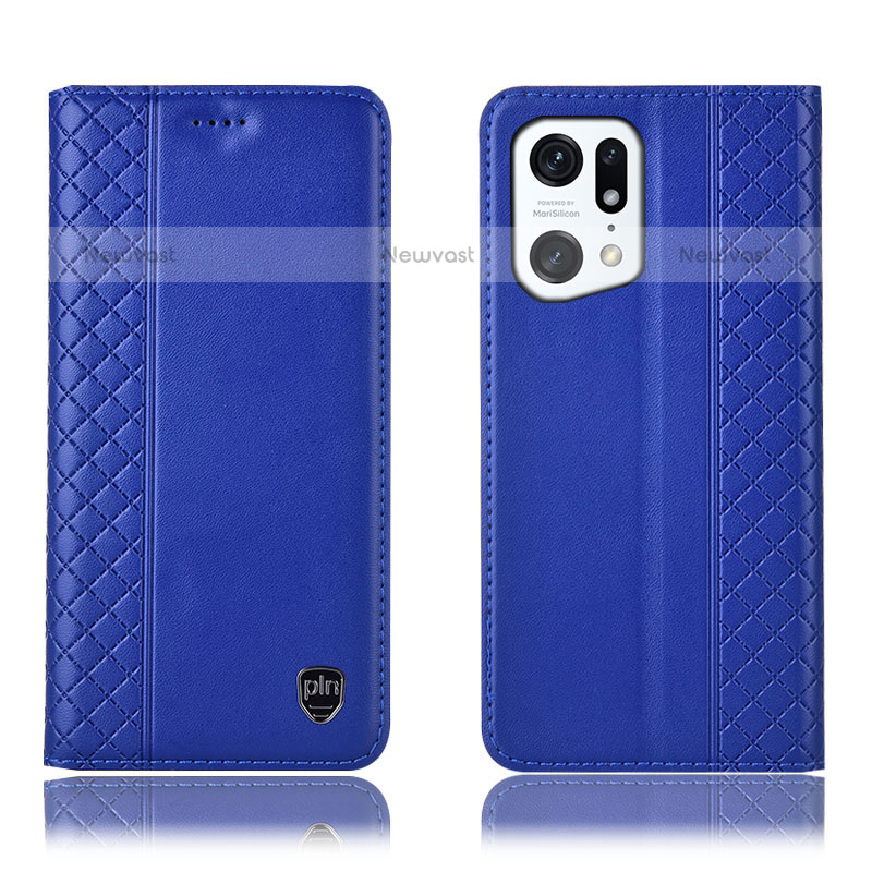 Leather Case Stands Flip Cover Holder H07P for Oppo Find X5 Pro 5G Blue