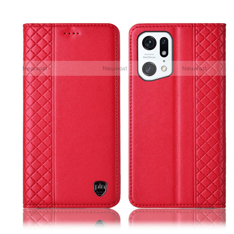 Leather Case Stands Flip Cover Holder H07P for Oppo Find X5 Pro 5G Red