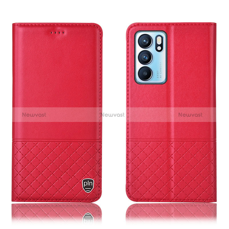 Leather Case Stands Flip Cover Holder H07P for Oppo Reno6 5G Red