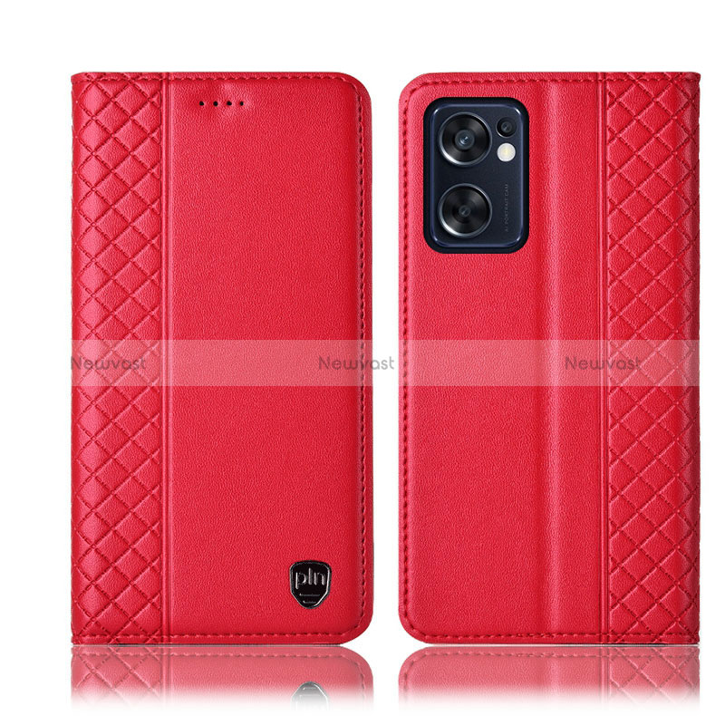 Leather Case Stands Flip Cover Holder H07P for Oppo Reno7 SE 5G Red