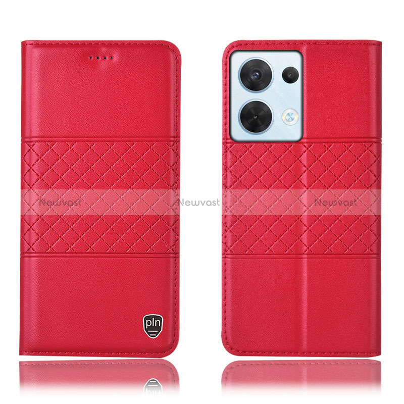 Leather Case Stands Flip Cover Holder H07P for Oppo Reno8 5G Red