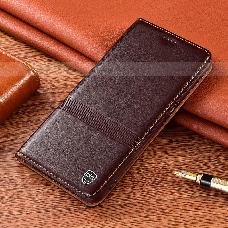 Leather Case Stands Flip Cover Holder H07P for Samsung Galaxy S22 Ultra 5G Brown