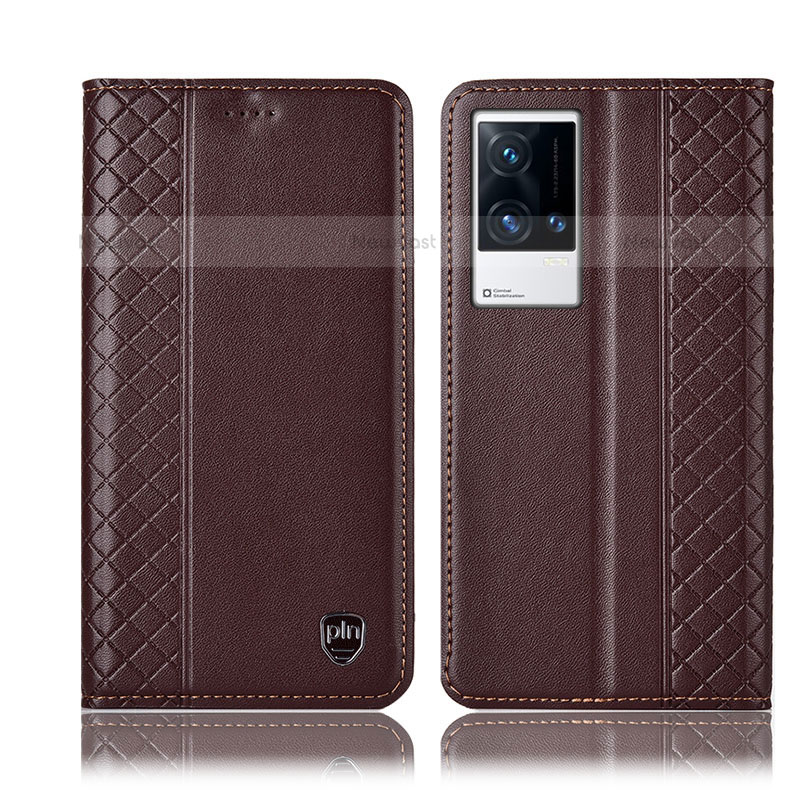 Leather Case Stands Flip Cover Holder H07P for Vivo iQOO 8 Pro 5G Brown