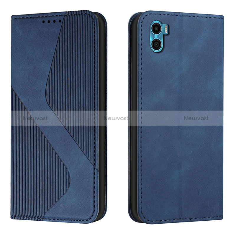 Leather Case Stands Flip Cover Holder H07X for Motorola Moto E32 India Blue