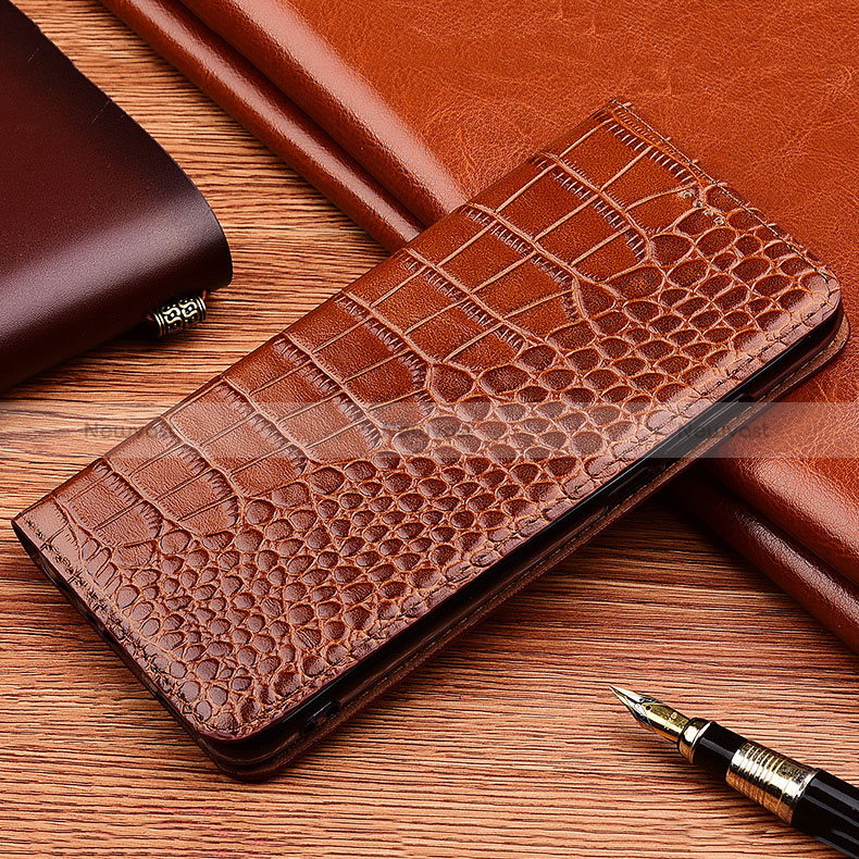 Leather Case Stands Flip Cover Holder H08P for HTC Desire 22 Pro 5G Light Brown