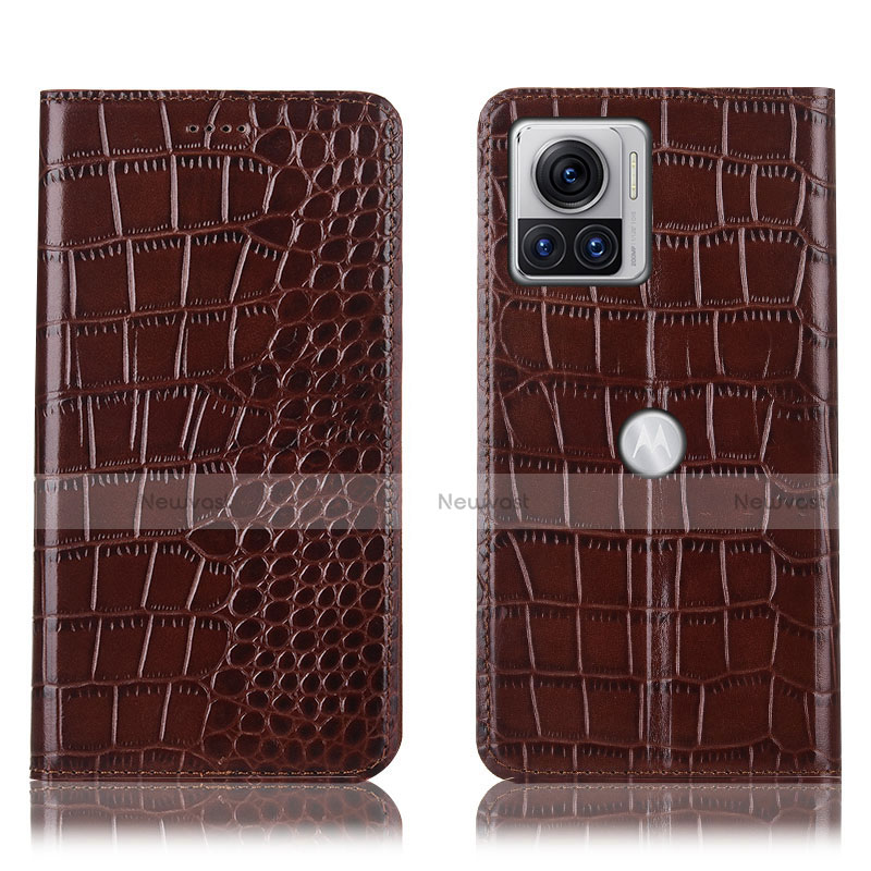 Leather Case Stands Flip Cover Holder H08P for Motorola Moto Edge 30 Ultra 5G Brown