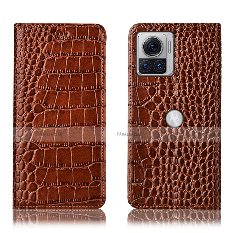 Leather Case Stands Flip Cover Holder H08P for Motorola Moto Edge 30 Ultra 5G Light Brown