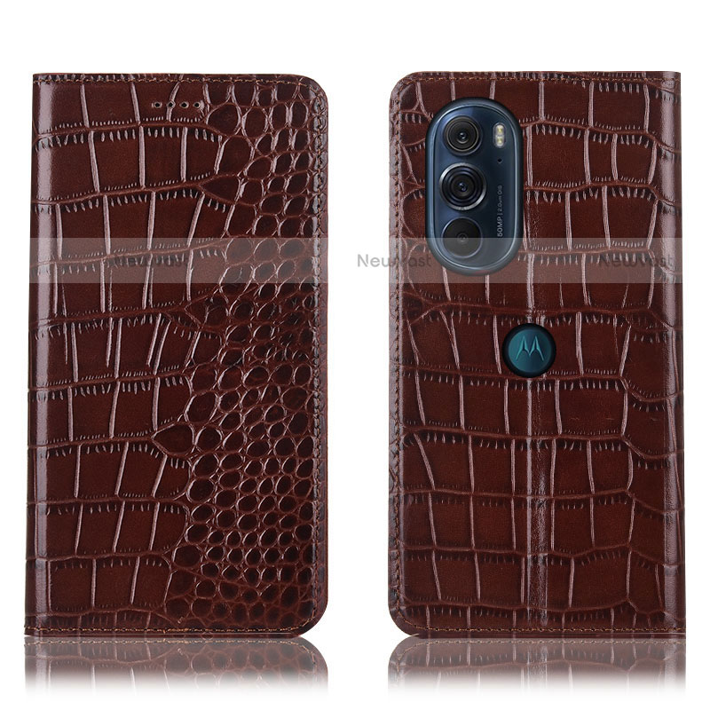 Leather Case Stands Flip Cover Holder H08P for Motorola Moto Edge Plus (2022) 5G Brown