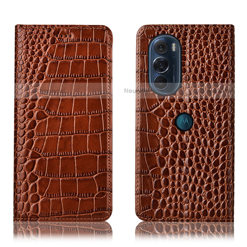 Leather Case Stands Flip Cover Holder H08P for Motorola Moto Edge Plus (2022) 5G Light Brown